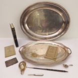 Silver and silver plate to include: an oval silver-plated serving tray and platter; a late 18th to