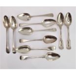 Ten early to mid 19th century hallmarked silver serving spoons: Old English and Fiddle patterns;