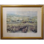 A large colour print: countryside scene with fields, buildings, trees and mountains to the