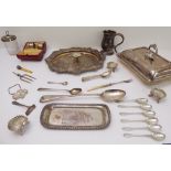 A good selection of mostly silver plate to include: a Georgian-style entrée dish; a basting spoon;