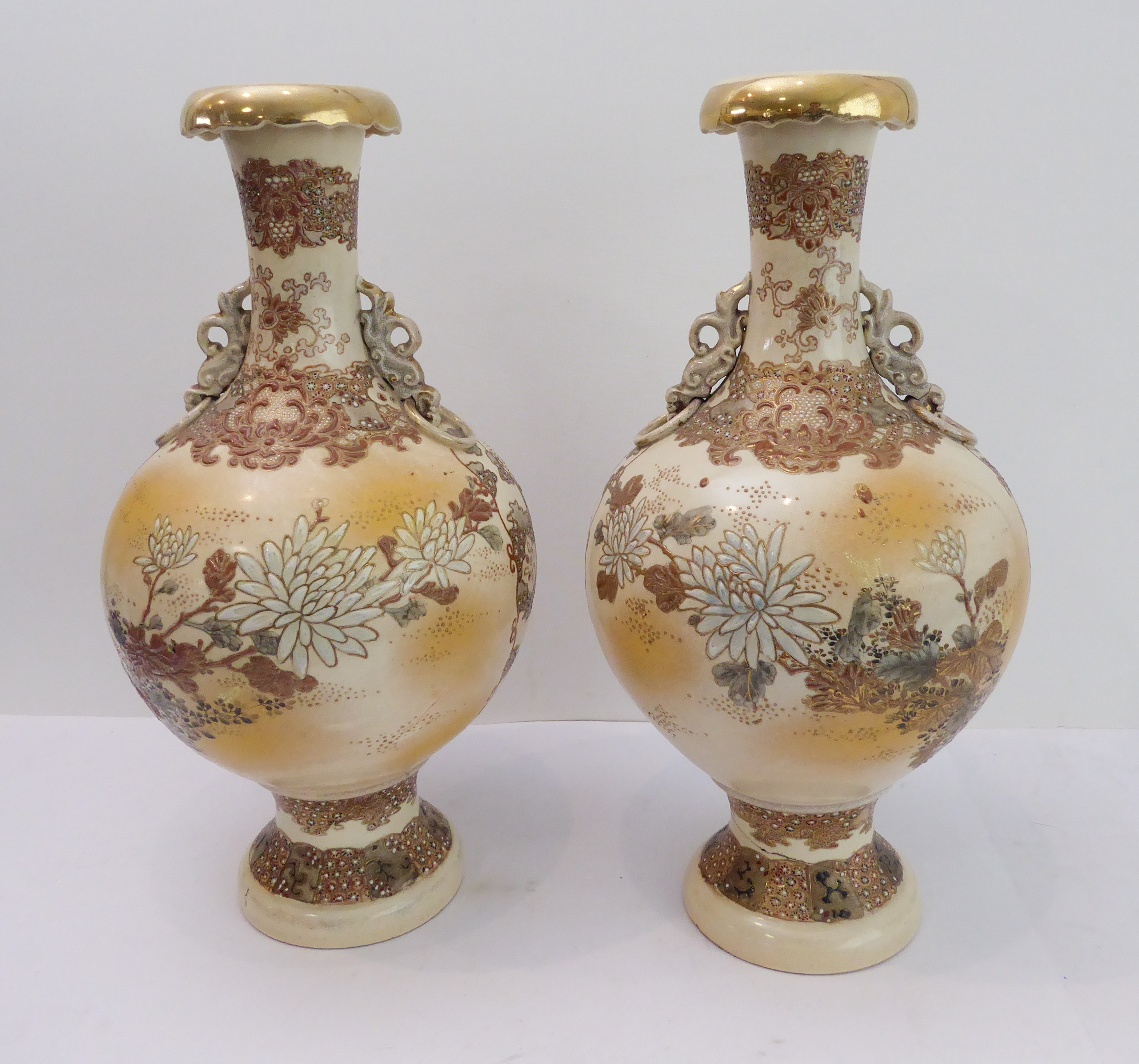 A large pair of early 20th century Japanese satsuma-style pottery vases. Each with overhanging - Image 2 of 7