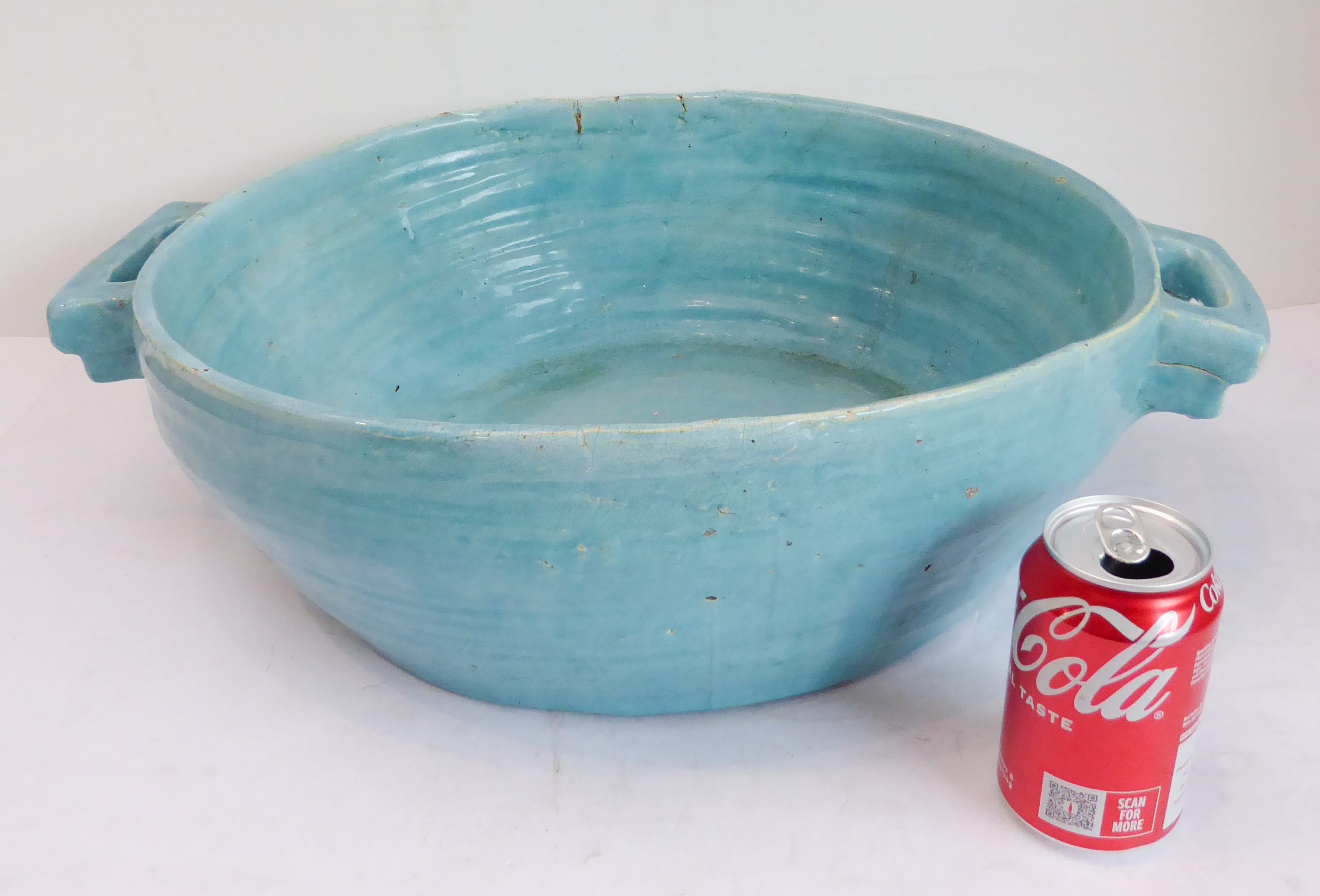 A large continental Art Deco period handmade pottery bowl with turquoise-blue glaze (55.5 cm wide - Image 2 of 6