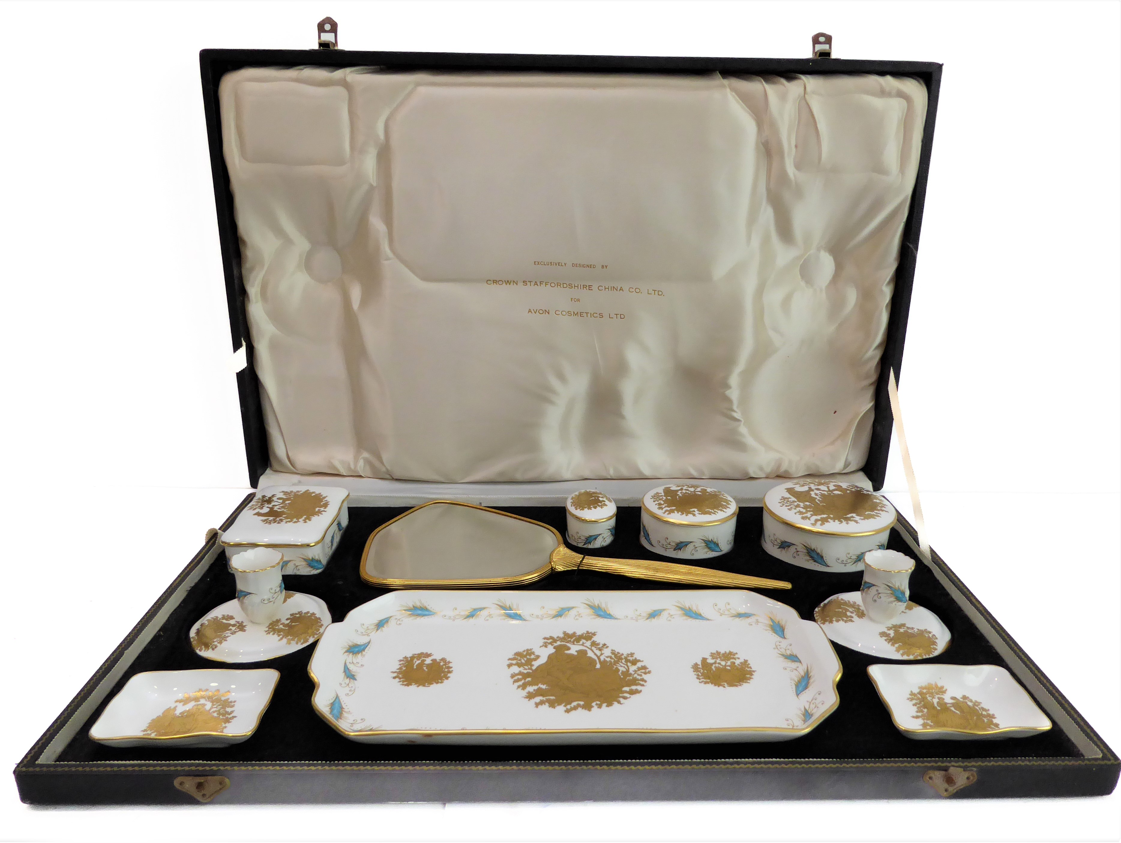 A fine ten-piece bone china dressing-table set by the Crown Staffordshire China Co. Ltd. In its - Image 2 of 5