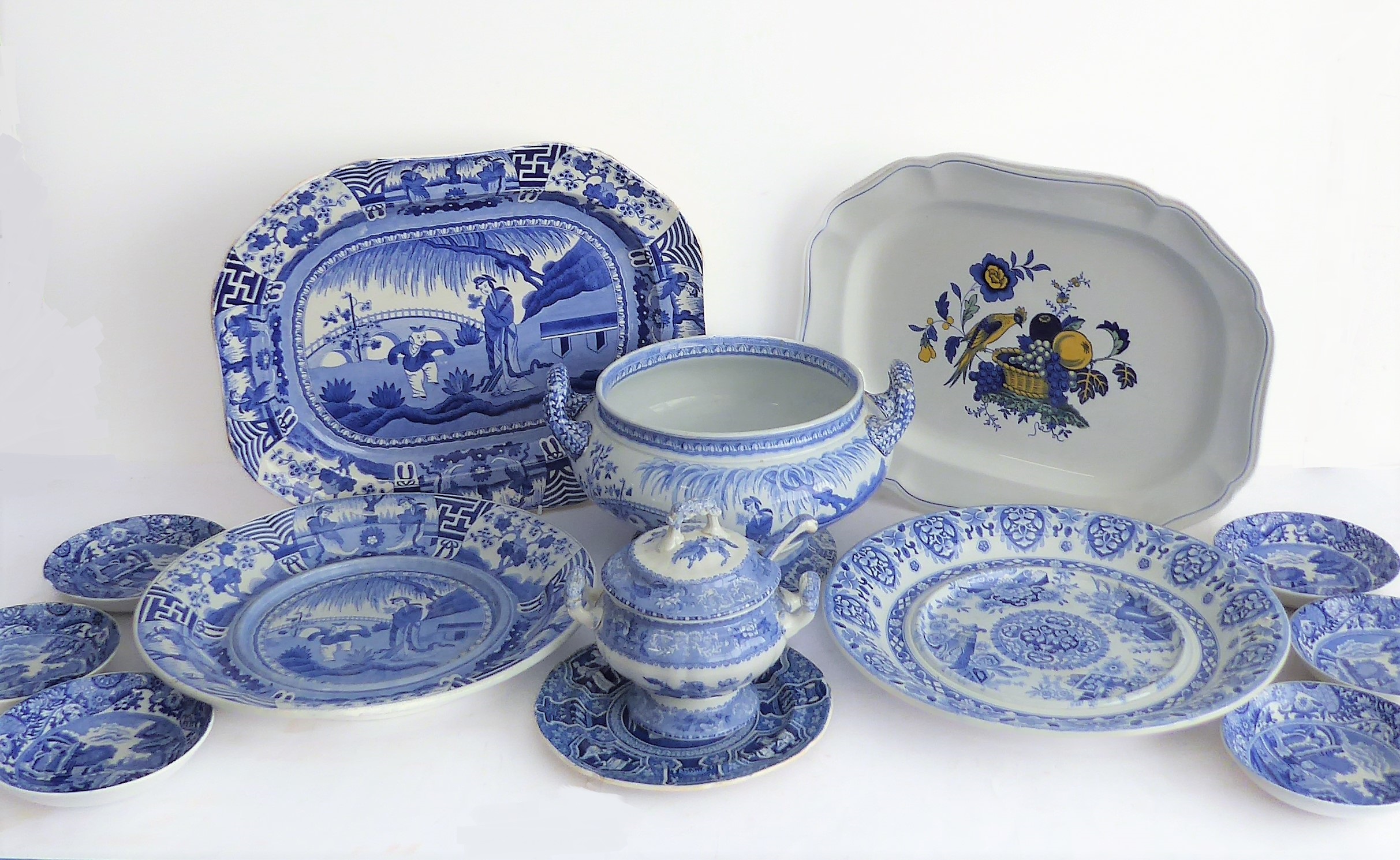 Various 19th century blue-and-white ceramic wares to include: a large two-handled Spode tureen (star