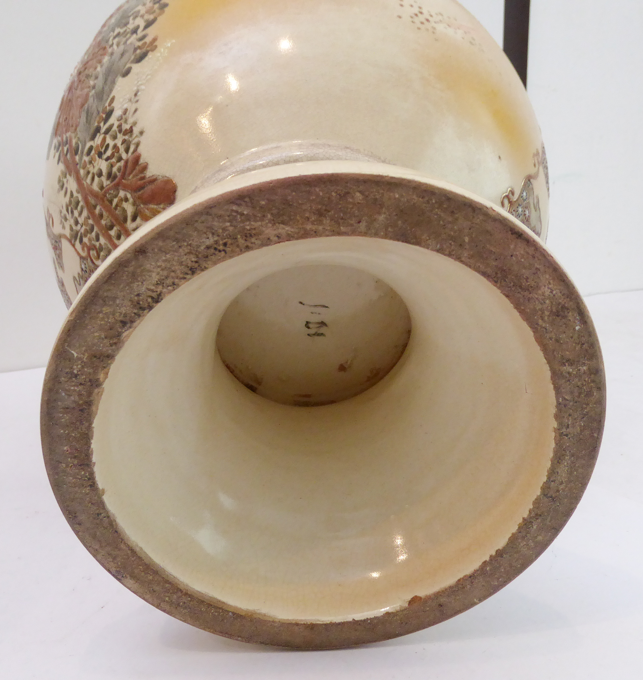 A large pair of early 20th century Japanese satsuma-style pottery vases. Each with overhanging - Image 6 of 7