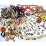 Assorted jewellery and costume jewellery including an oval amethyst (untested) bead necklace, a late