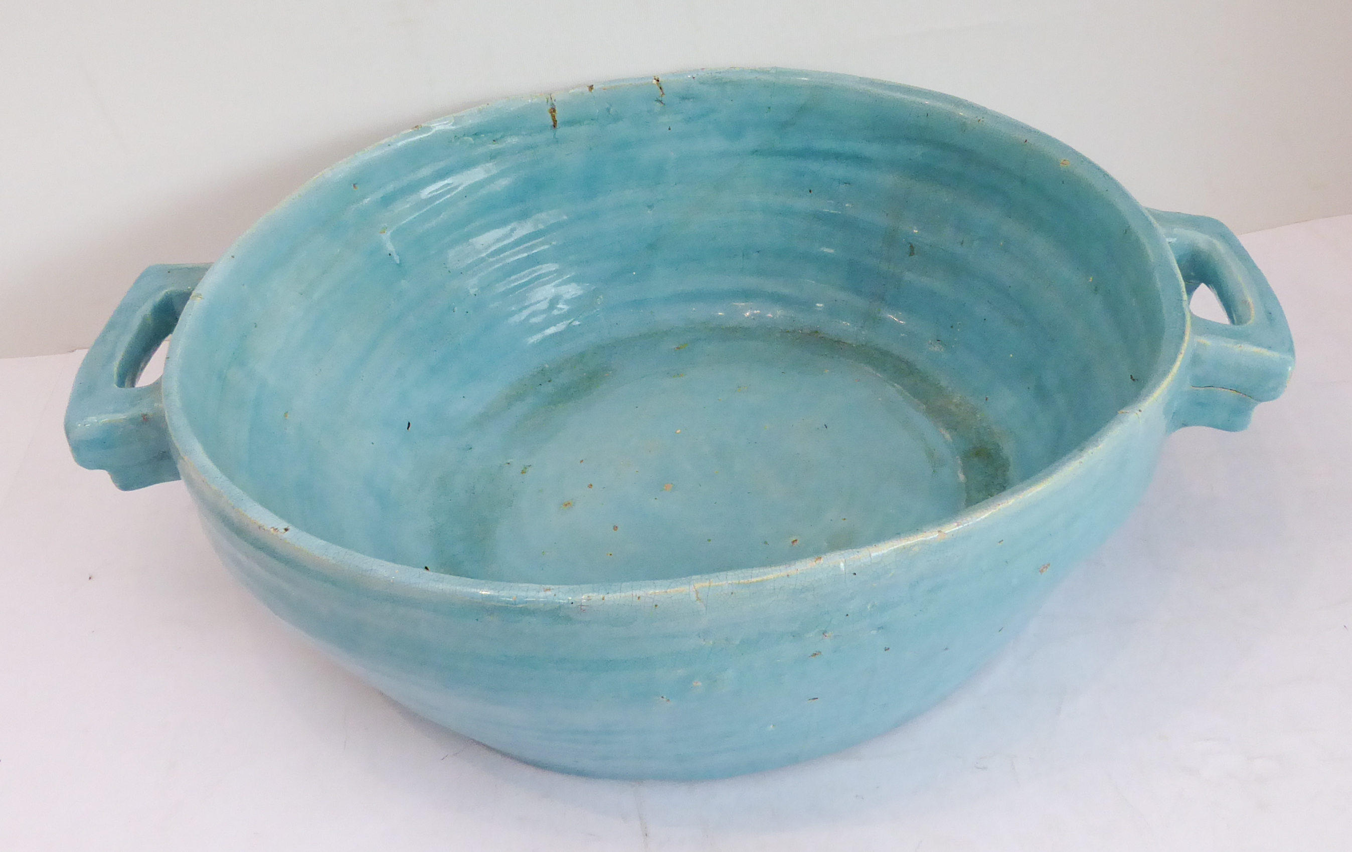 A large continental Art Deco period handmade pottery bowl with turquoise-blue glaze (55.5 cm wide - Image 3 of 6