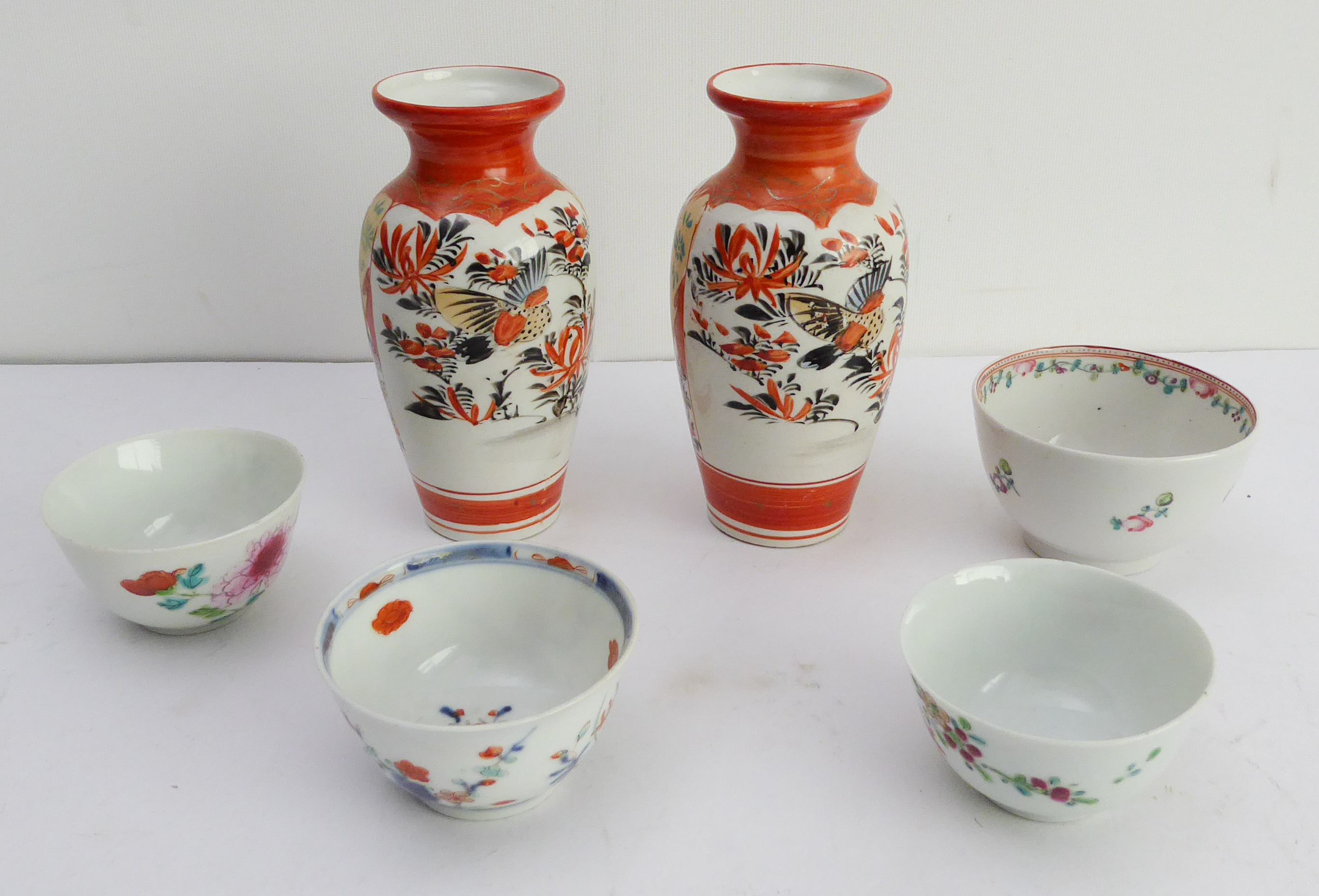 Six pieces comprising: a pair of early 20th century Japanese Kutani vases hand-decorated with - Image 2 of 7