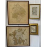 Four hand-coloured map engravings to include: An oak-framed 'A New Map of the County of Warwick
