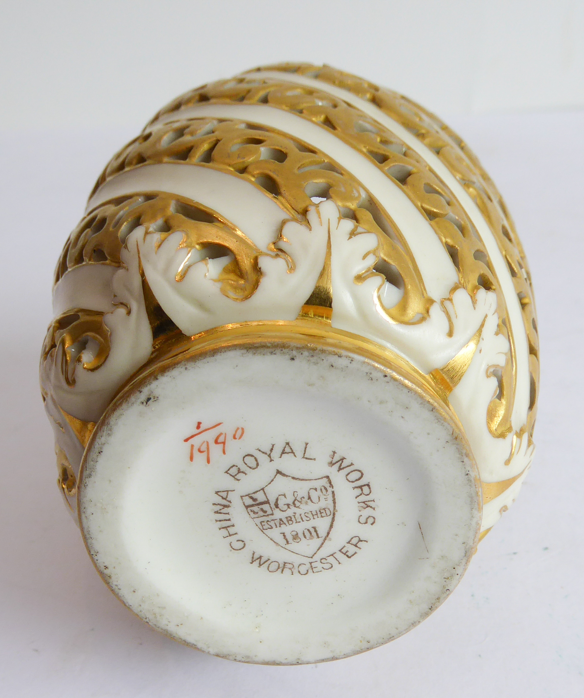 A late 19th century Royal Worcester China Works gilt-highlighted and reticulated porcelain vase, - Image 3 of 3