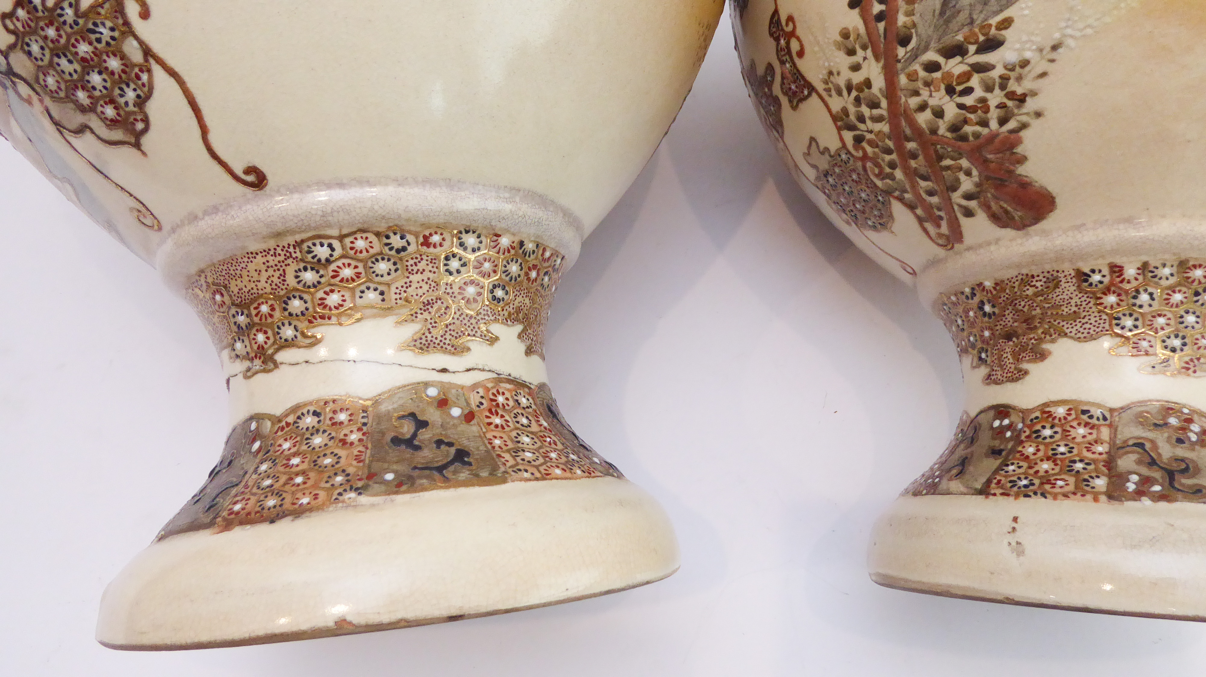 A large pair of early 20th century Japanese satsuma-style pottery vases. Each with overhanging - Image 5 of 7