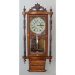 A large walnut-cased and Tunbridgeware-inlaid eight-day wall-hanging clock: the white dial with