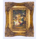 After EDGAR HUNT - 'Chickens', reproduction oil on artist's panel (16.5 x 11.5 cm). Gilt frame.