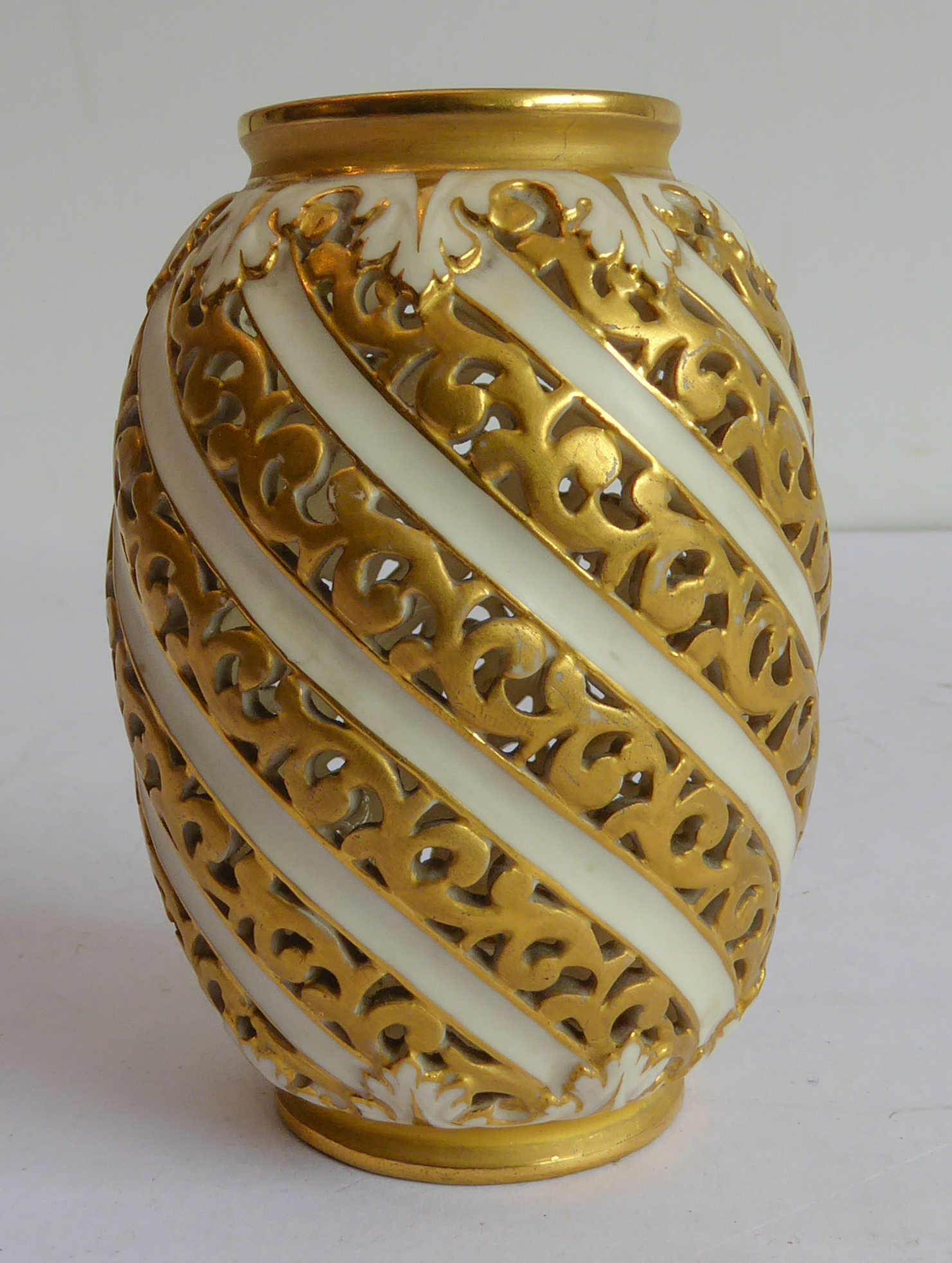 A late 19th century Royal Worcester China Works gilt-highlighted and reticulated porcelain vase, - Image 2 of 3