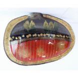 A large striking Art glass vase of flattened oval shape: gilded border and various colouration and