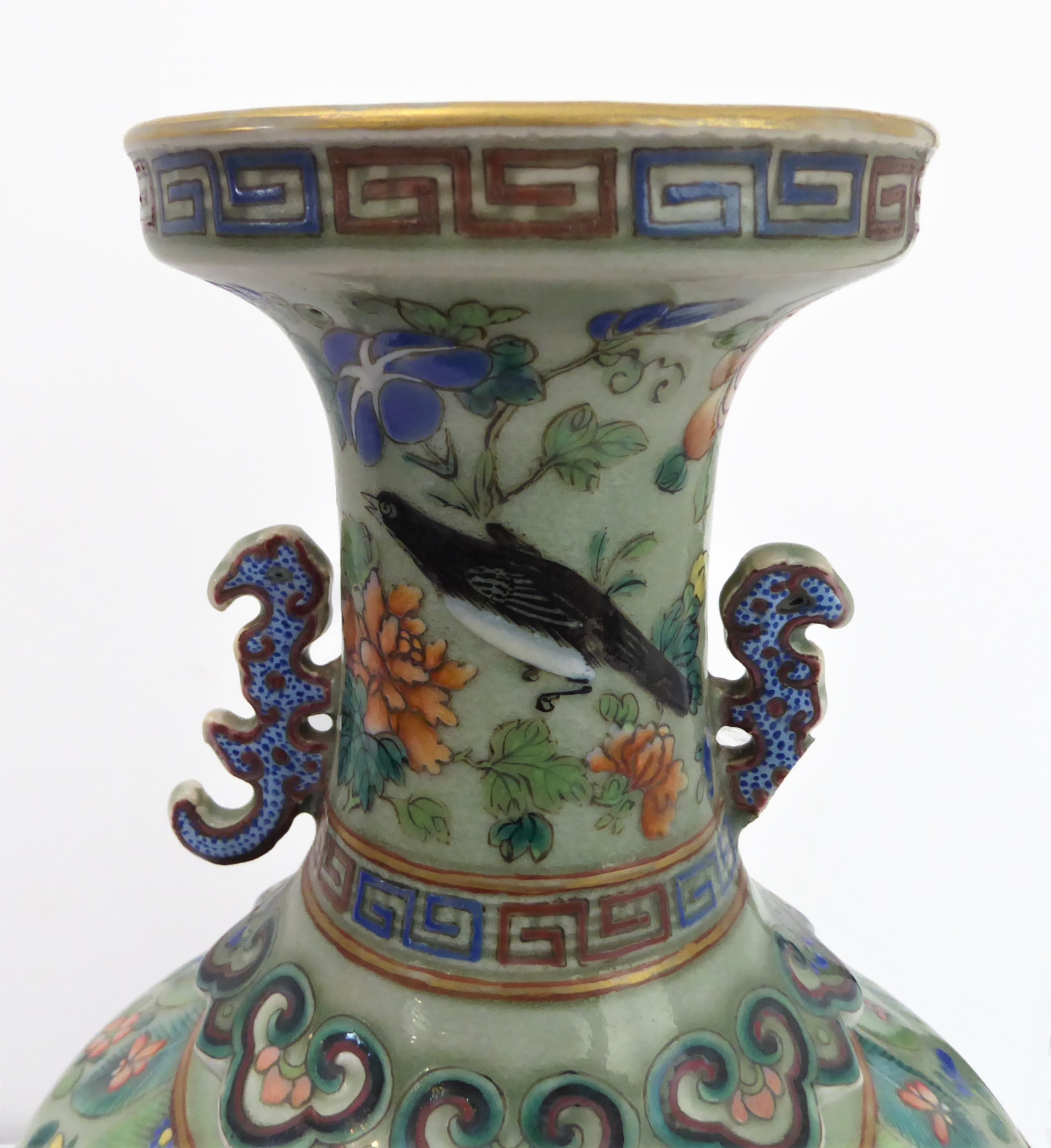 A pair of 19th century two-handled Chinese porcelain vases: the lips with Greek-style key frets - Image 3 of 30
