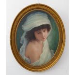 19th century Continental School - Half-length portrait of a beauty wearing a white toga, oil on