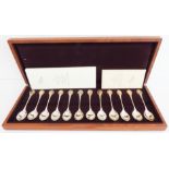 A wooden cased set of 12 Royal Society for the Protection of Birds silver spoon collection: