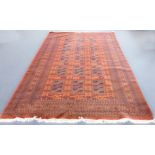 A modern Pakistan rug in the Bokhara style: terracotta ground and 15 lozenges with varying