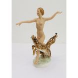 A fine, rare and unusual Jugendstil porcelain figure: an exuberant Circe with leopards; the female