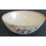 A late 18th century Chinese porcelain bowl: hand-decorated in enamels in the famille rouge palette