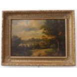 19th century English School - ‘A Path in an Extensive River Landscape’, oil on canvas laid down on