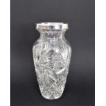 A 20th century cut-glass vase with silver/silver-plated mounted lip (small markings to metal