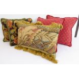 Five cushions (two pairs and one single): 1. a decorative tapestry cushion with gold tassels 2. a