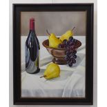 NEIL SMITH (British contemp.) -  Still life, 'Wine bottle and Fruit Bowl', oil on canvas signed