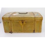A late 18th/early 19th century dome-topped continental pine trunk: ironwork carrying handle