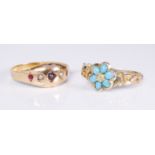 Two Victorian yellow gold rings:  1. a 15ct gold, garnet and seed pearl gyspy set ring, Chester