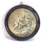 A late 18th century circular ebonised framed and glazed monochrome engraving: two cherubic figures