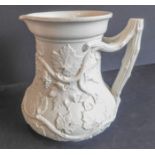 A mid-19th century salt glaze pottery wine jug decorated in high relief with fruiting vine, the
