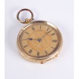 A Continental 18-carat gold open-face key-wind fob watch: unsigned gilt lever movement fronted by