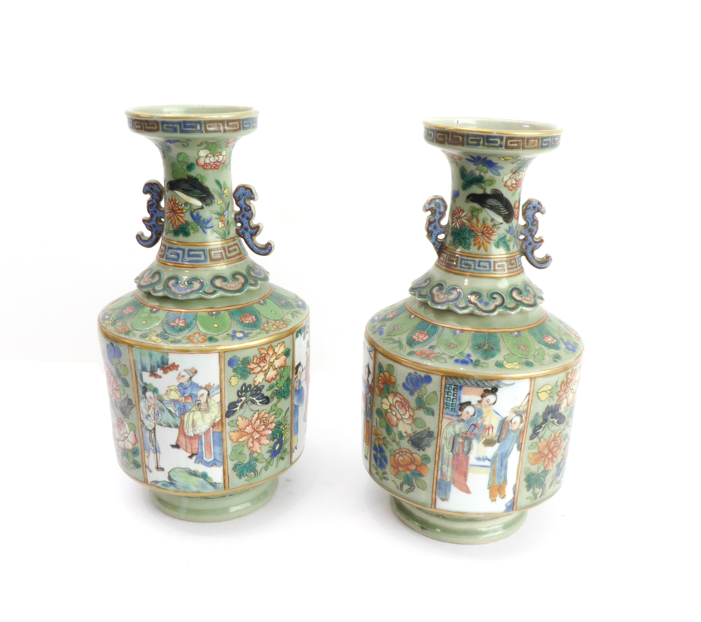 A pair of 19th century two-handled Chinese porcelain vases: the lips with Greek-style key frets