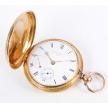 An 18-carat yellow-gold-cased full hunter pocket watch: white-enamel dial with Roman numerals,