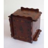 An unusual mid-19th century walnut and Tunbridgeware-banded mystery money-box (LWH 17.5 x 17.5 x
