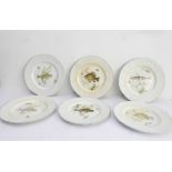 A set of six Old English Ironstone pottery plates by Simpsons (Potters) Ltd.: each hand-decorated
