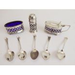 A three-piece hallmarked silver cruet set and five hallmarked silver coffee spoons. The cruet