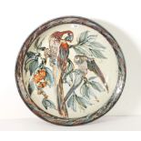 A large modern studioware bowl incised and decorated with parrots (46 cm in diameter)