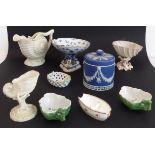 Nine, mostly early 20th century, ceramic pieces: a Danish blue-and-white pedestal dish supported