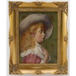 19th Continental School - Portrait of a pretty young girl with blonde curls wearing a wide-brimmed