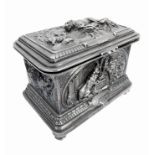 An early 20th century silver-plated casket cast in renaissance style with hounds, foxes and