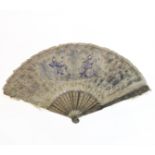 A 19th century Chinese filigree white-metal and feather fan: the guards decorated in relief with