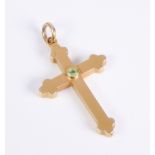 An antique 15ct gold and peridot cross pendant: marked '15CT', set with a single round cut