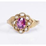A Victorian 12ct gold, pink stone and seed pearl fede ring: hallmarked '12' and '.5', Birmingham,