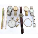 Five gentleman's wristwatches, a stopwatch and a boxed silver bracelet: a 9-carat yellow-gold-