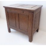 A 19th century oak chest in 17th century style and of small and pleasing proportions: the panelled