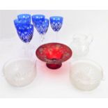 Ten pieces of glassware: a good set of six mid to late 20th century blue flash-cut hock glasses;