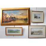 Four pieces: 1. Continental river scene, oil on canvas, unsigned (37 x 72 cm, frame size 52 x 87